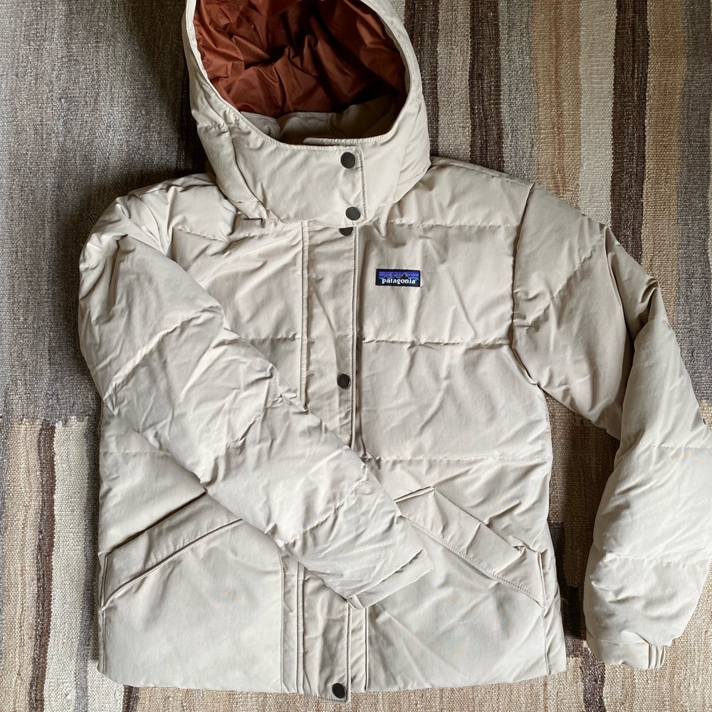 Patagonia Tan Hooded Downdrift Puffer Jacket